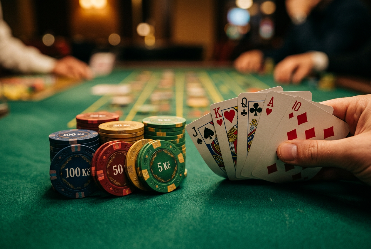 Detailní záběr na skládané pokerové žetony a vějíř karet na zeleném plátně s dramatickým bočním světlem
